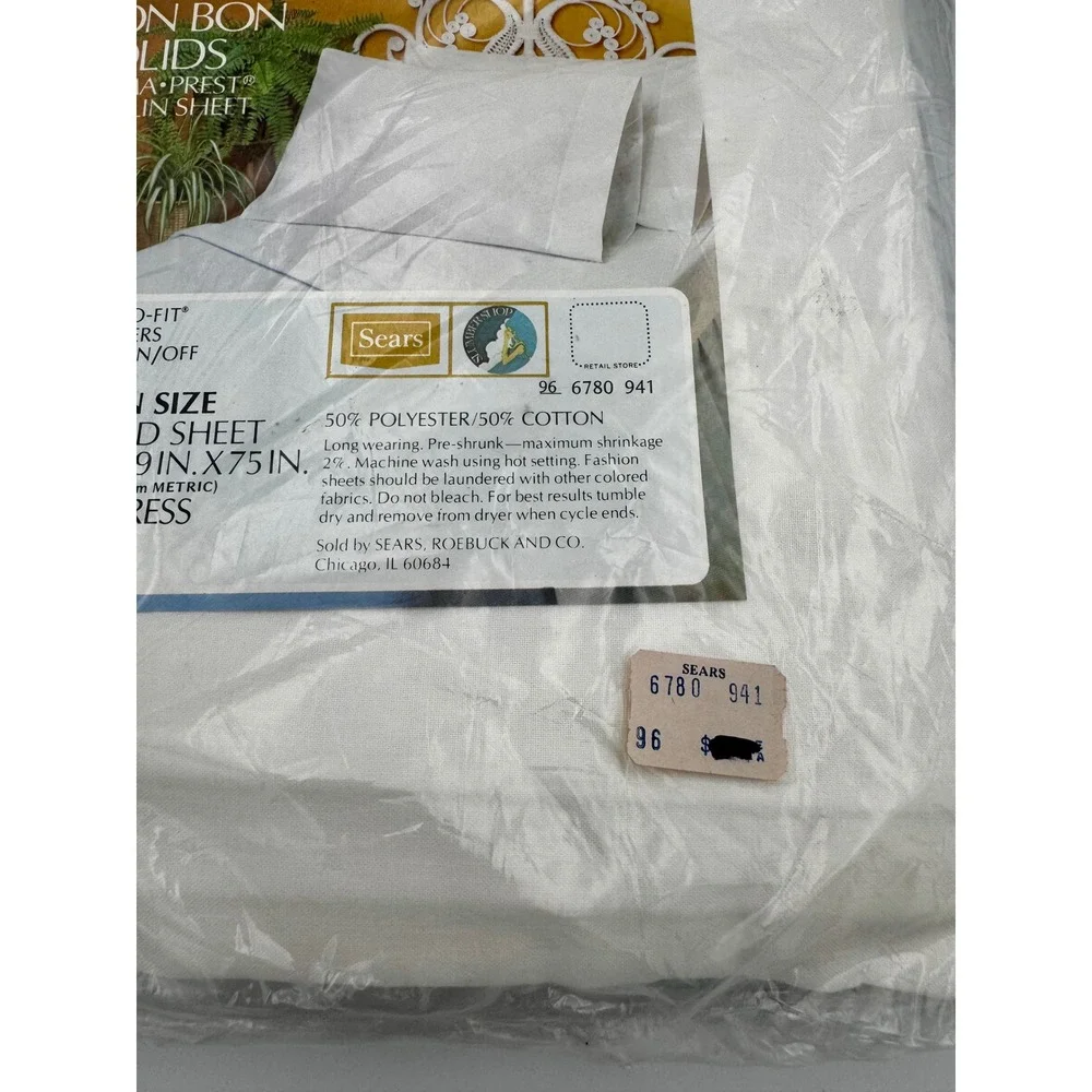 NOS Vintage Sears Twin Fitted Sheet White Muslin Perma-Prest New Sealed